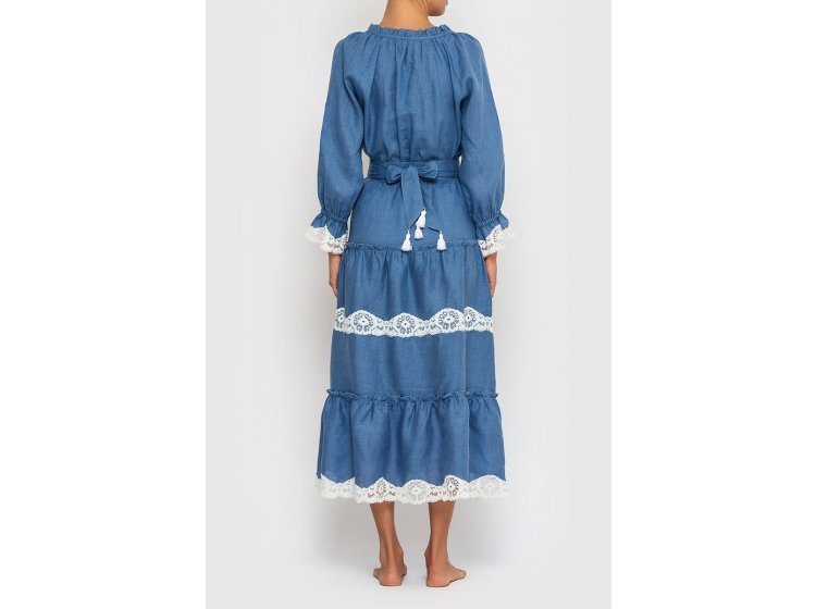 Костюм льняной в стиле бохо German Volf. 21041-1 юбка и блузка голубого цвета с кружевом