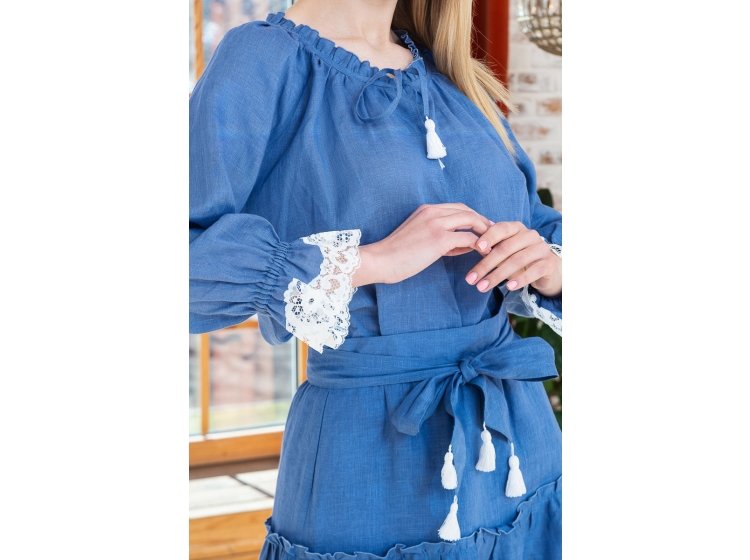 Костюм льняной в стиле бохо German Volf. 21041-1 юбка и блузка голубого цвета с кружевом