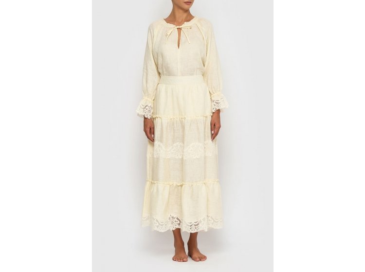 Костюм льняной в стиле бохо German Volf. 21041-2  юбка и блузка молочного цвета с кружевом