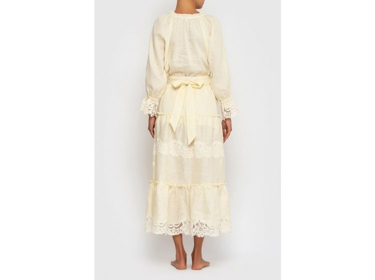 Костюм льняной в стиле бохо German Volf. 21041-2  юбка и блузка молочного цвета с кружевом