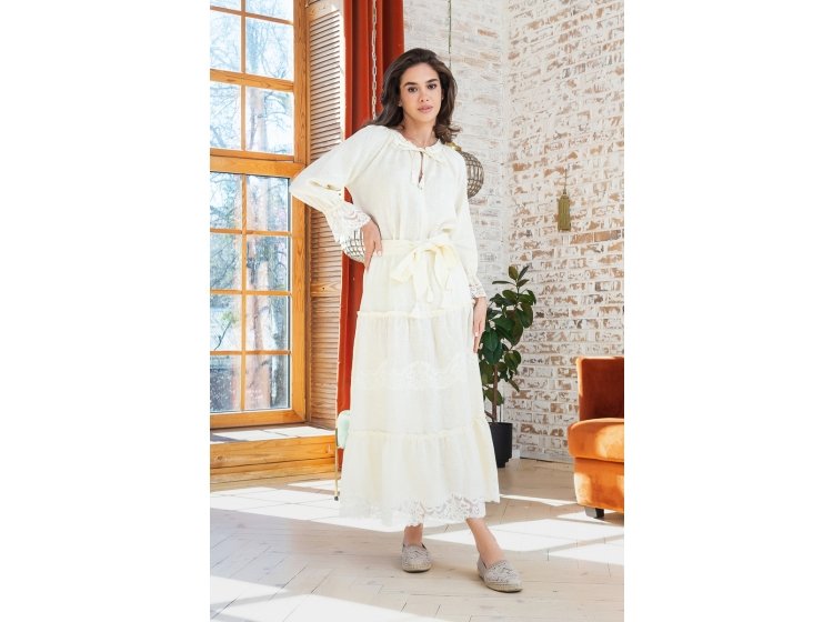 Костюм льняной в стиле бохо German Volf. 21041-2  юбка и блузка молочного цвета с кружевом