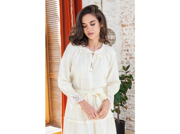 Костюм льняной в стиле бохо German Volf. 21041-2  юбка и блузка молочного цвета с кружевом
