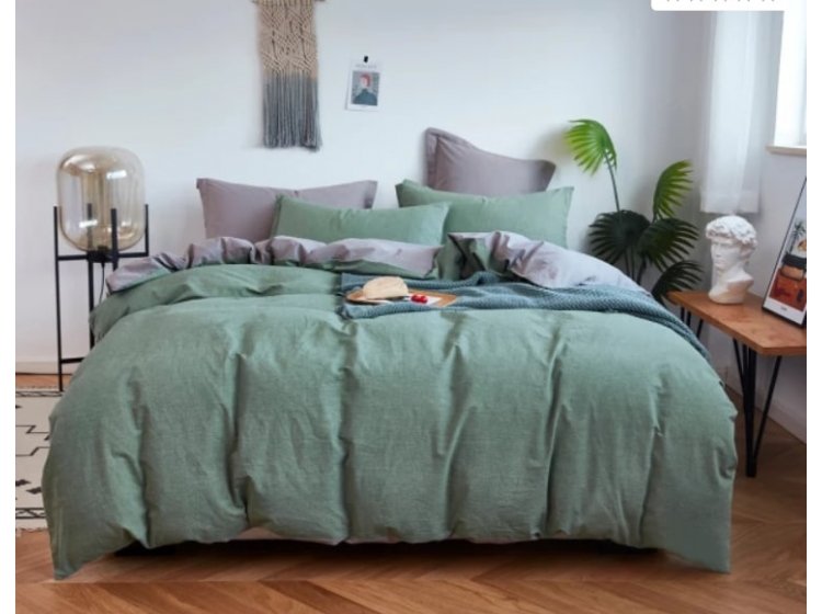 Постельное белье Love you. Вареный хлопок серо-зеленое