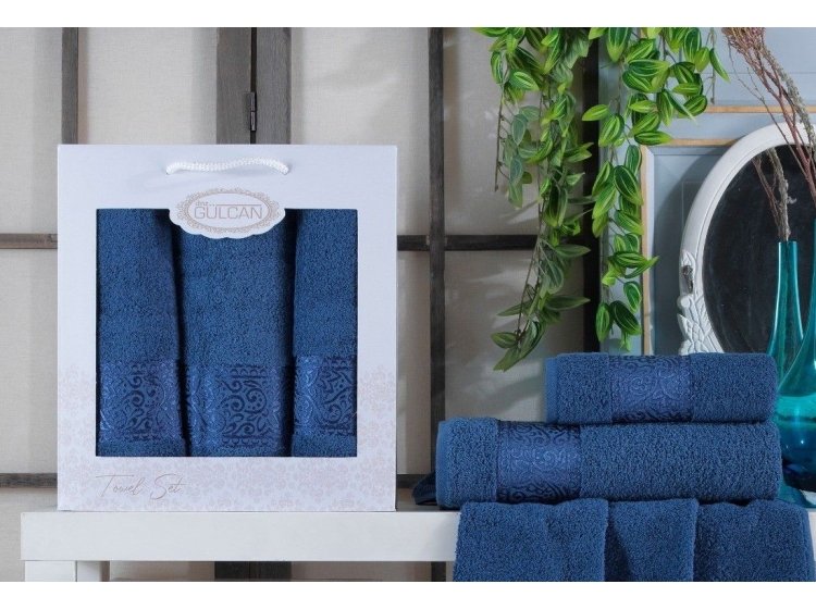 Набор из 3-х махровых полотенец Gulcan. Ornament blue