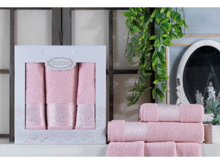 Набор из 3-х махровых полотенец Gulcan. Ornament light pink