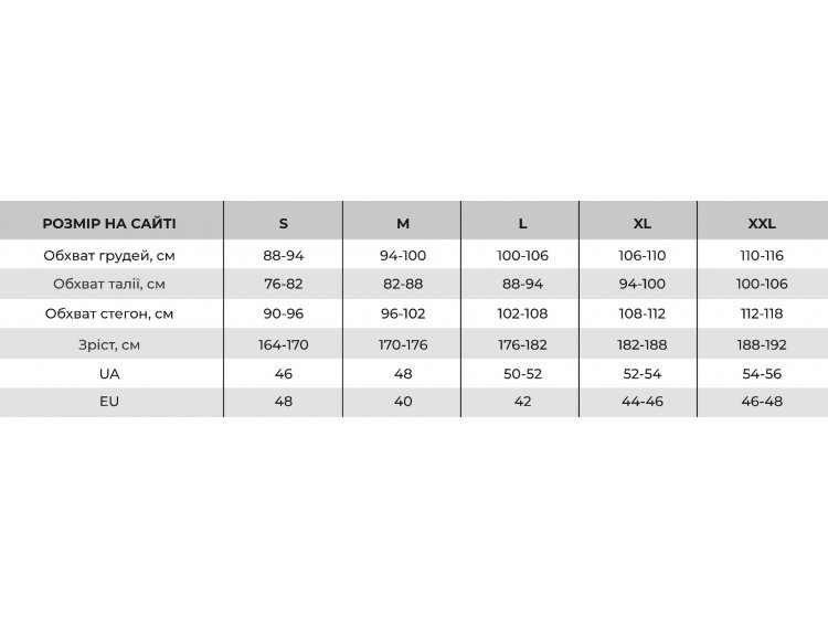 Таблица размеров