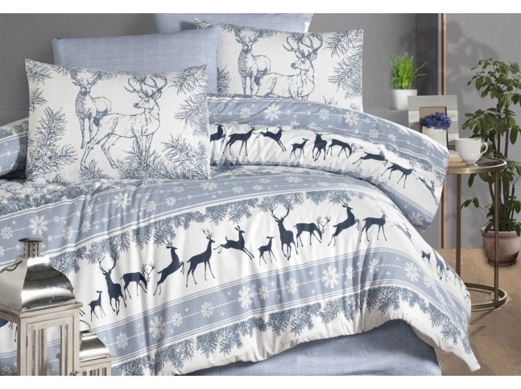 Новогоднее постельное белье First Choice. Ranforce Deer indigo