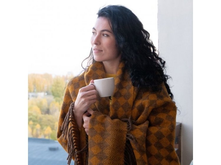 Плед Love you. Эко-шерсть коричнево-горчичный