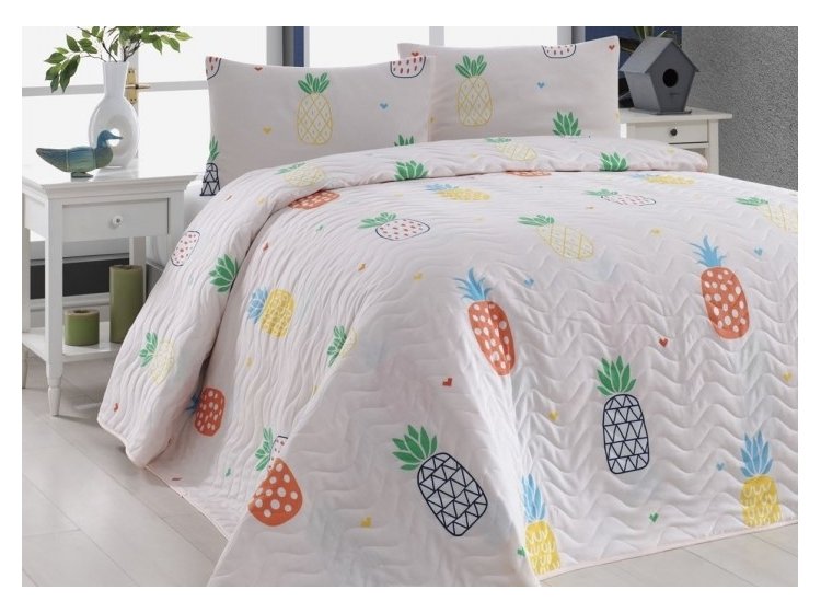 Покрывало стеганое с наволочками Eponj Home. JokeAnanas krem 