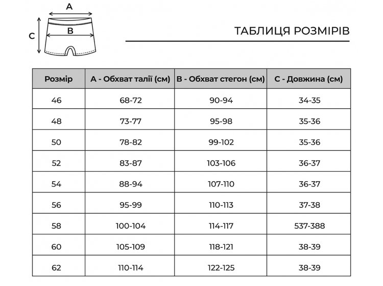 Таблица размеров