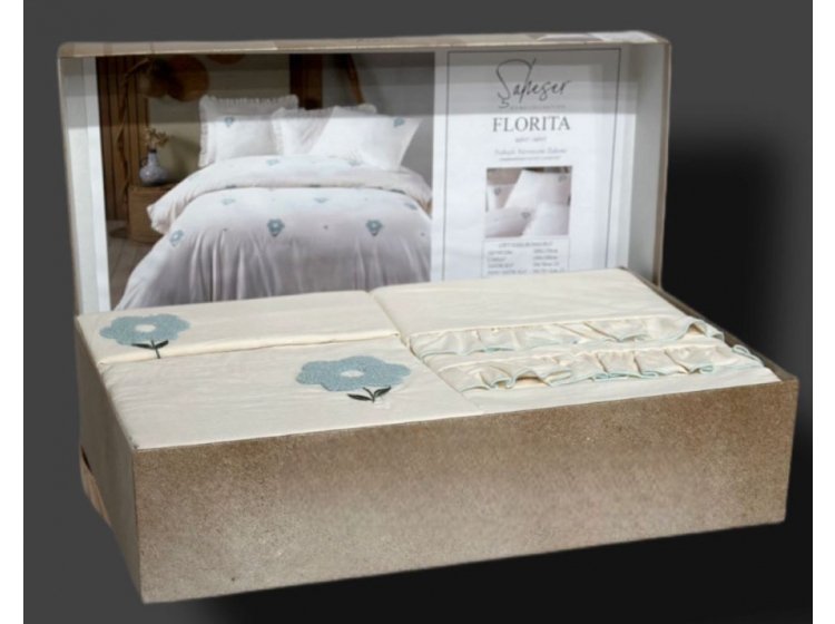 Постельное белье Saheser. Florita mint хлопок с вышивкой. Упаковка