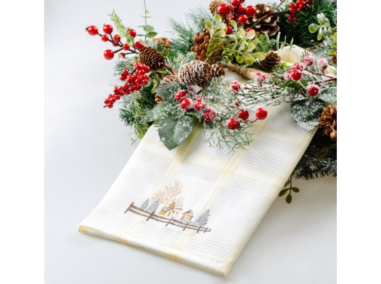 Полотенце вафельное Home Line. Желтая полоска, с вышивкой домики