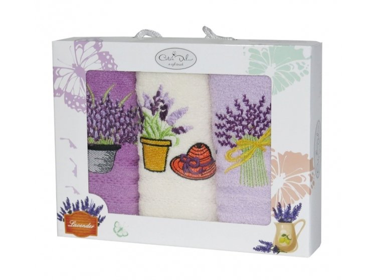 Набор из 3-х кухонных махровых полотенец Gursan. Лаванда-шляпка