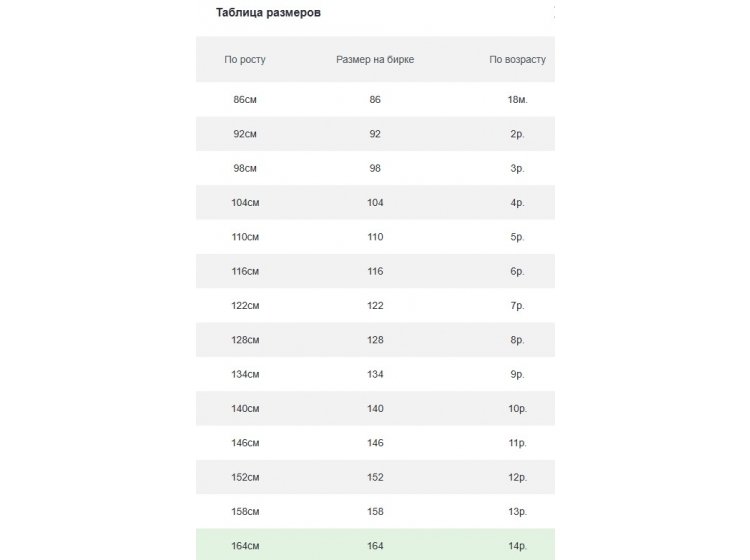 Таблица размеров