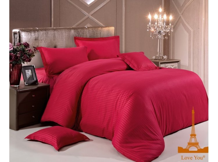 Постельное белье Love you. Красный, страйп сатин