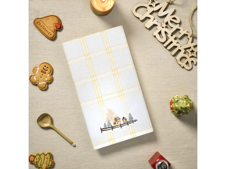 Полотенце вафельное Home Line. Желтая полоска, с вышивкой домики