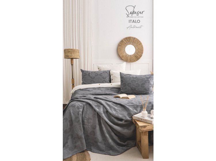 Жаккардовое покрывало с наволочками Saheser. Italo antrasit