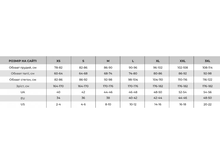 Таблица размеров