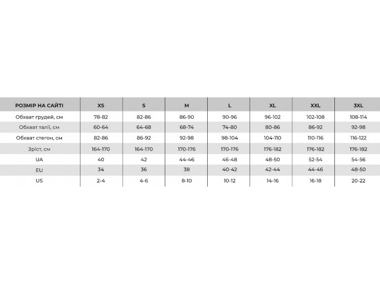 Таблица размеров